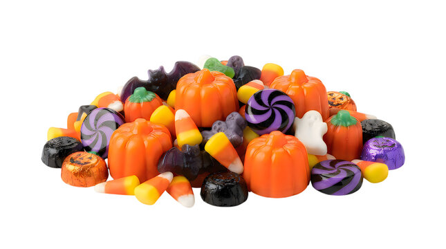A pile of colorful assorted halloween candy treats including pumpkins and corn candy sweets