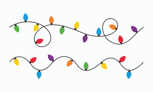 Christmas string lights vector border with colorful bulbs on black wire for holiday decoration, celebration, and festive design.