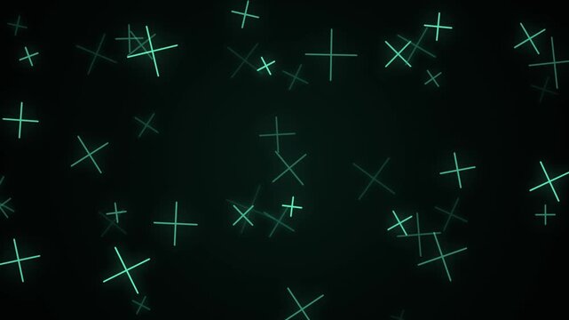 Neon cyan glowing plus signs floating in dark space background animation sequence for futuristic digital motion graphics overlay and technological visual effect projects with smooth depth and motion