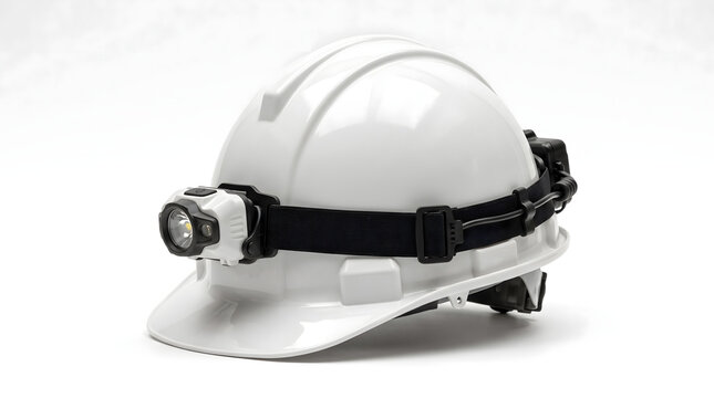 A white construction hard hat equipped with a front-facing headlamp attached by a black strap, isolated against a plain white background