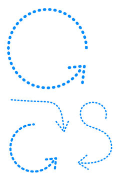 Blue dotted curved arrows and circular rotation symbols for illustrating movement, recycling, process cycles, workflow diagrams, infographics, instructions, and presentation graphics. High-res PNG