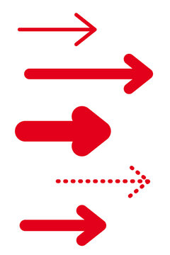 Red arrow icons collection with bold, thin, and dotted right-pointing arrows, ideal for infographic designs, business presentations, navigation signs, flowcharts, websites, UI elements. High-res PNG