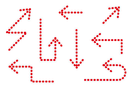 Red dotted directional arrows icon set PNG. Multi-directional movement indicators, navigation symbols, and wayfinding elements for infographics, presentations, websites, charts, navigation graphics