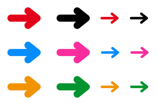 Colorful arrow icon collection in red, blue, green, orange, pink, and black. Thick and thin right-pointing arrows for infographics, presentations, websites, charts, navigation graphics. High-res PNG