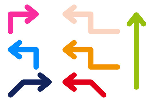 Multicolor directional arrow collection with curved, bent, straight, and upward arrows. Ideal for flowcharts, infographics, process diagrams, maps, presentations, navigation design. High-res PNG