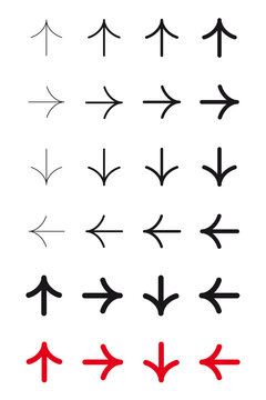 Black and gray directional arrow PNG icon set with up, down, left, and right symbols in varied line weights, suitable for website navigation, mobile apps, maps, infographics, and interface design. 