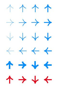 Blue directional arrow icon set featuring up, down, left, and right arrows in multiple sizes and line weights, perfect for navigation interfaces, maps, infographics, charts, web design. High-res PNG