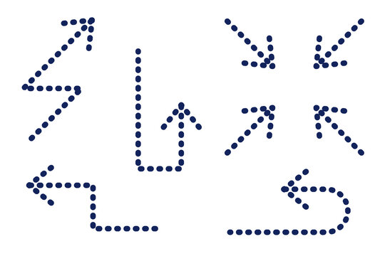 Dark blue dotted arrows icon set PNG. Multi-directional movement indicators, navigation symbols, and wayfinding elements for infographics, presentations, websites, charts, navigation graphics high-res