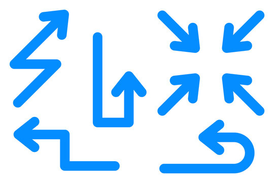 Bright blue directional arrow icon set. Multi-directional movement indicators, navigation symbols. Thick arrows for infographics, presentations, websites, charts, navigation graphics. High-res PNG