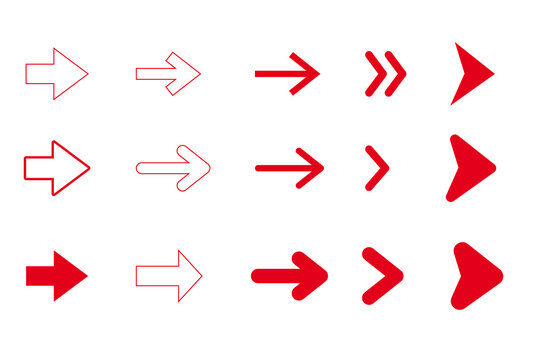 Red arrow icon set with various styles and weights. Directional arrows from thin to bold, navigation symbols, movement indicators, emphasis arrows. For infographic, presentations, websites, UI. PNG 