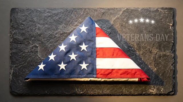 Folded national flag resting on dark slate surface with shifting light