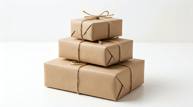 Stacked brown paper gift boxes tied with twine on a clean white background, eco-friendly packaging concept for holiday or sale