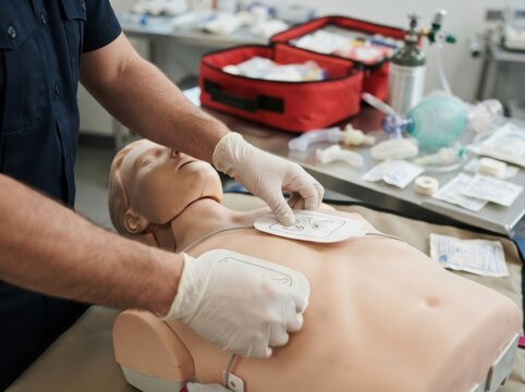aed pad placement training Medical professional performing CPR training on a human dummy with defibrillator pads.