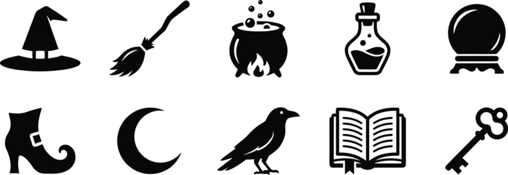 Witchcraft icons collection featuring a hat potion and raven in silhouette style