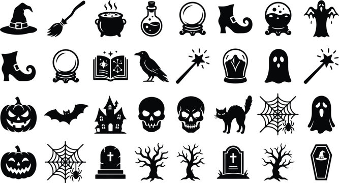 Halloween Icons Set Featuring Witch Hats, Pumpkins, Ghosts, and Spooky Symbols in Flat Black Vector Style