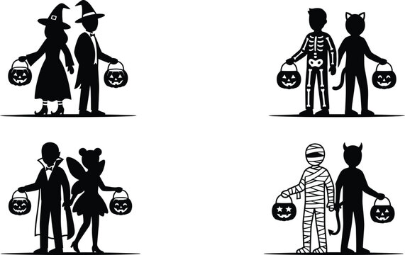 Halloween costume silhouettes set with children trick or treating holding pumpkin candy buckets on white background