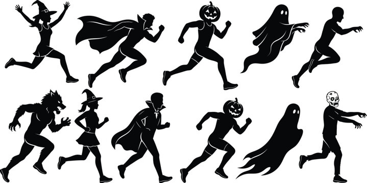 Halloween costume characters running set, silhouettes of witch, vampire, werewolf, ghost, and zombie on white