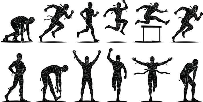 Mummy athlete silhouette set, running and jumping poses, isolated on white background, vector illustration for Halloween sports themes