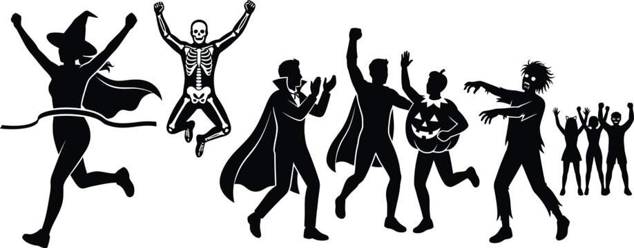 Halloween costume party silhouettes featuring witch, skeleton, vampire, superhero, pumpkin and zombie characters