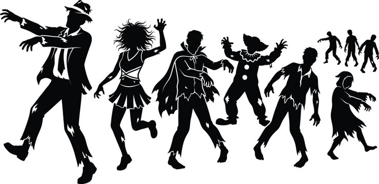 Zombie silhouettes set, collection of walking undead characters isolated on white background for Halloween party graphic design