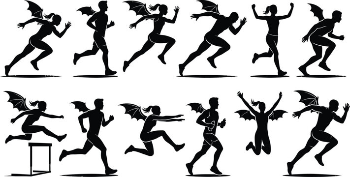 Running winged people silhouettes set, diverse athletes in motion, isolated on white background, vector illustration for sports and fitness