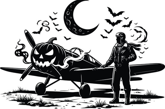 Halloween pilot with pumpkin airplane illustration, spooky vintage aviator standing by jack-o'-lantern plane under crescent moon with flying bats