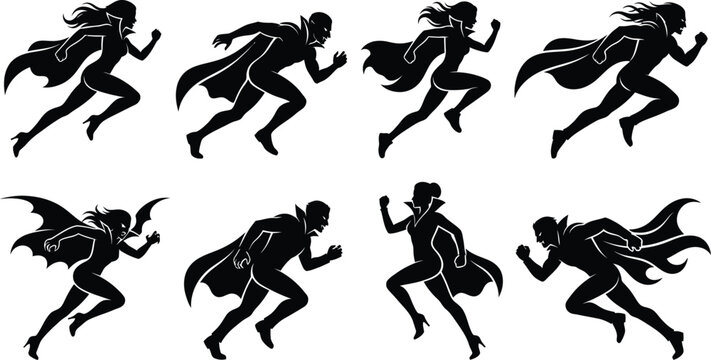 Vampire Silhouette Set Running and Flying in Action Poses, Isolated Vector Collection on White Background