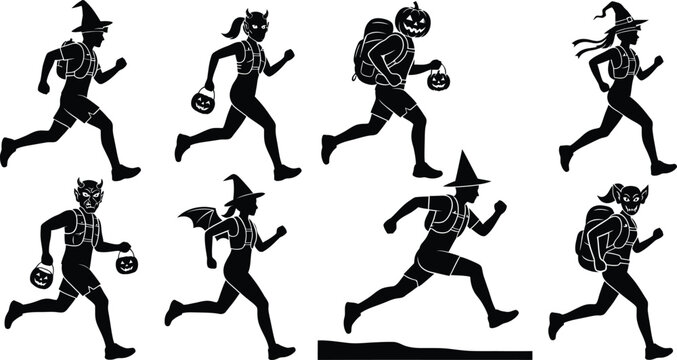 Halloween running people silhouettes set with costumes and pumpkin buckets for trick or treat events