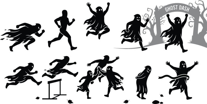 Ghost running set, Halloween sports activity silhouettes, spooky characters competing in a race, vector illustration