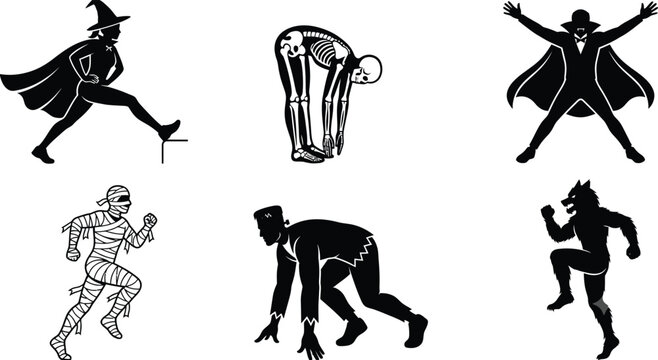 Halloween Monster Silhouette Set Exercising and Stretching, Vector Illustration of Spooky Characters Performing Fitness Activities Isolated on White Background