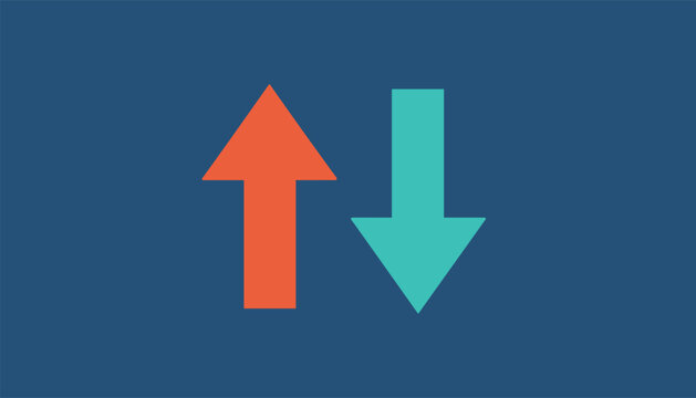 Concept of contrasting directions illustrated by a bold red upward arrow and a teal downward arrow against a dark blue background flat style.