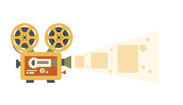 Vintage movie projector casting a light beam with floating film elements in a retro, colorful, and creative flat vector design.