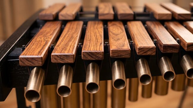 Wooden marimba keyboard instrument detail, orchestral percussion marimba wooden bars and resonators, acoustic musical performance background