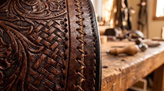 Vintage Handcrafted Leather Saddle Texture, Intricate Carved Brown Leatherwork, Artisan Saddlery Craftsmanship Concept