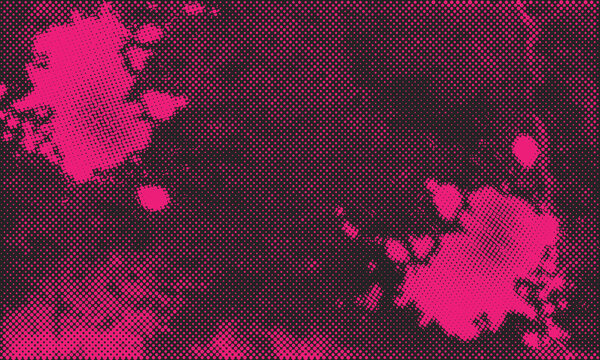 Halftone texture background with pink grunge ink splashes and dot matrix pattern