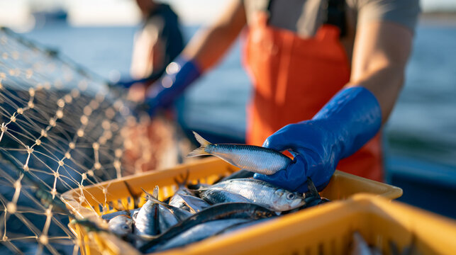 Fresh herring being loaded from a fishing net into a trawler in a coastal area on the ocean, faceless fishermen, with copy space