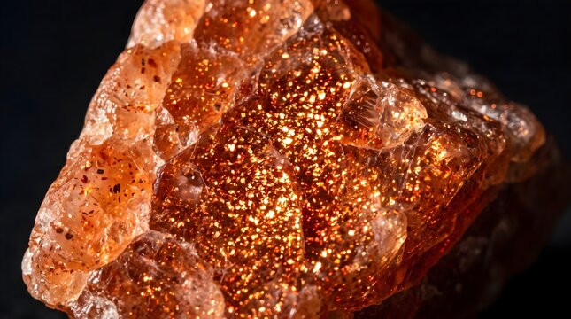 Sparkling orange sunstone gemstone crystal, rough aventurine mineral specimen macro photography, shimmering copper glitter stone background
