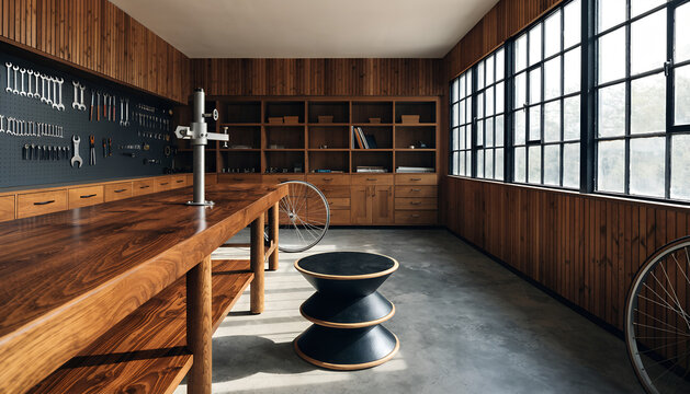 Modern industrial wooden workshop studio interior with large workbench tools organized on wall grid shelving unit big steel frame windows bicycle wheels concrete floor craft maker stock photo   