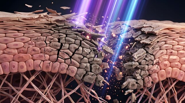 human skin cell layers cracking and breaking down under ultraviolet UV light attack. Visualization of sun damage, skin barrier destruction, and premature aging concept, 3D illustration.