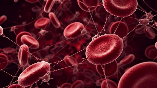 Microscopic 3D Rendering of Red Blood Cells Trapped in Fibrin Mesh Illustrating the Blood Clotting Process or Thrombosis in a Vessel