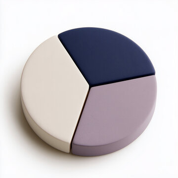 3D pie chart with three matte segments in navy blue, cream and dusty lavender on a white background, data and statistics concept