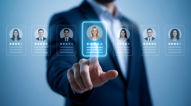 Human resources recruitment, man and choosing employee for job with digital profile, talent acquisition and hiring. Management, staff and professional with headhunting, corporate and employment work