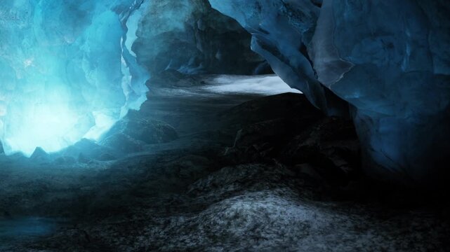 Stunning natural blue ice cave interior with light glowing through cold frozen walls and rocky ground textures inside a remote arctic cavern formation during the daytime light hours