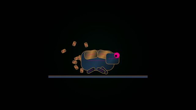 Futuristic mechanical creature with glowing turquoise eye walking along a clean dark line background