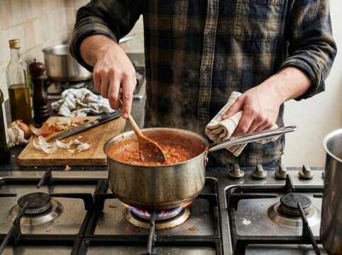 Unrecognizable man wearing a plaid flannel shirt stirring homemade tomato sauce in a stainless steel saucepan on a gas stove in a rustic kitchen