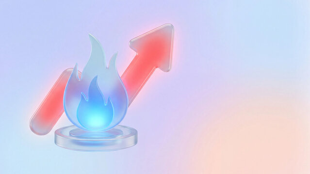 Rising gas prices concept, frosted glass gas flame with a red arrow climbing upward, glassmorphism illustration with copy space