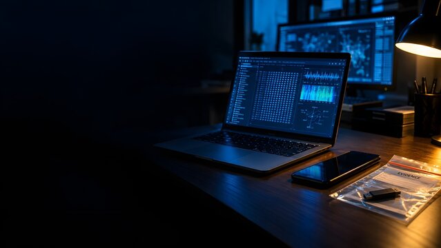 Digital Forensics Workstation with Laptop, Smartphone and Sealed USB Evidence Bag