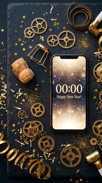 Smartphone showing midnight on new years eve surrounded by golden clock gears and festive confetti on black background