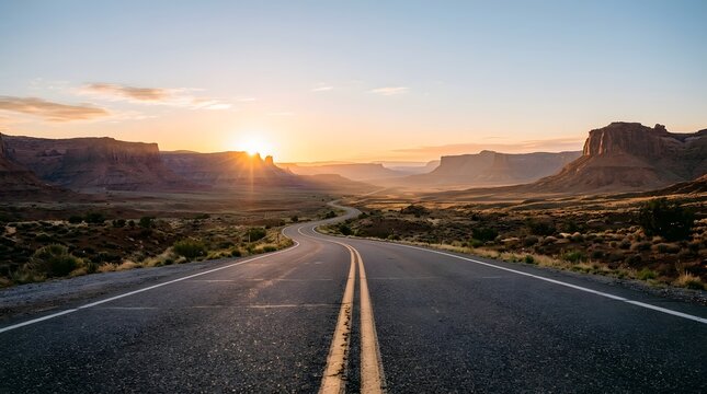Empty asphalt road stretching through a desert landscape towards a beautiful golden sunrise over distant mountains