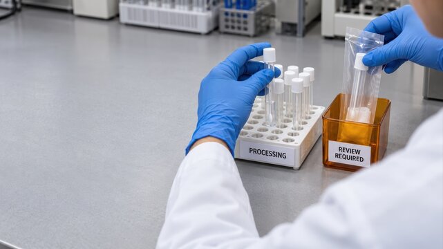 Technician sorting microbiology swab tubes into processing and review rack